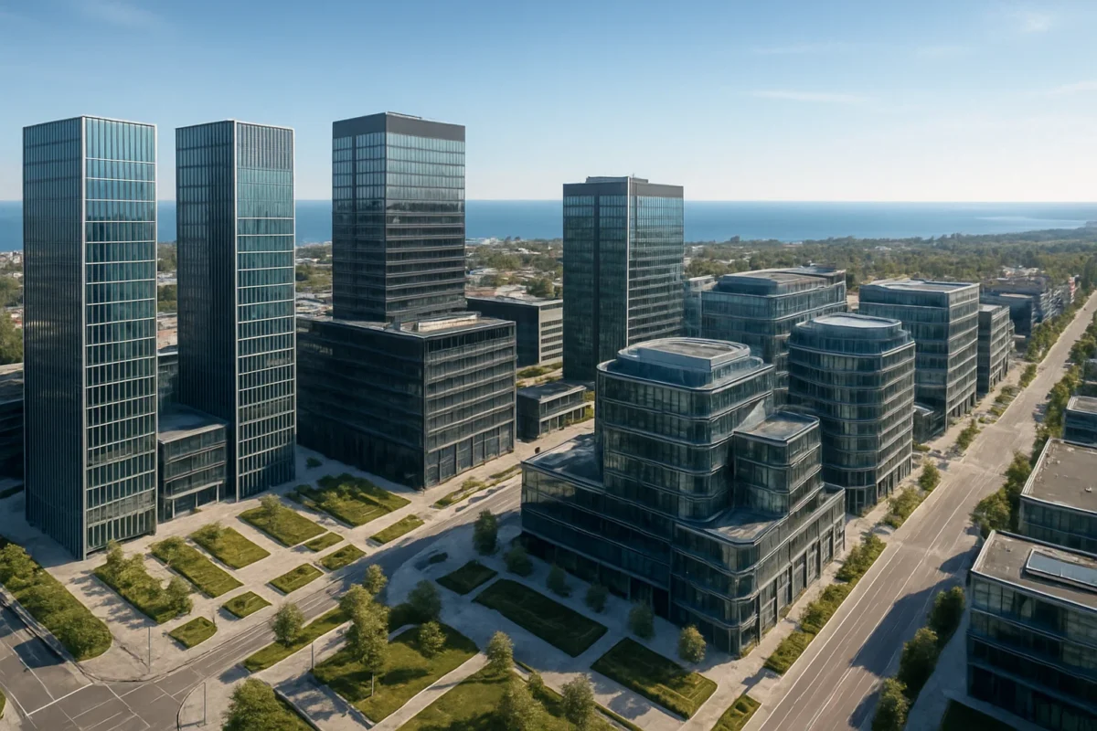 Panorama gdańskiej dzielnicy Oliwa z nowoczesnymi biurowcami Olivia Business Centre i Alchemia.