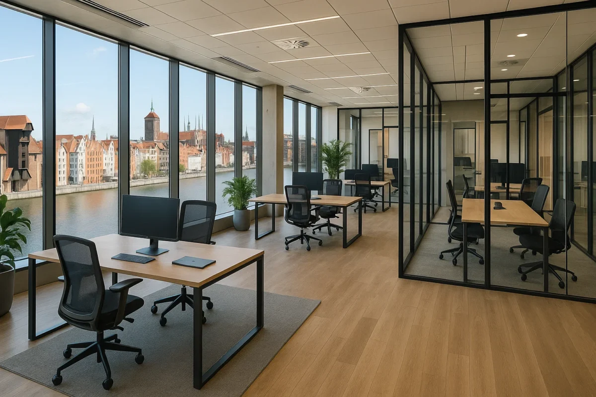 Nowoczesne wnętrze biura w Gdańsku z widokiem na Motławę, eleganckim designem i przeszklonymi salami spotkań.
